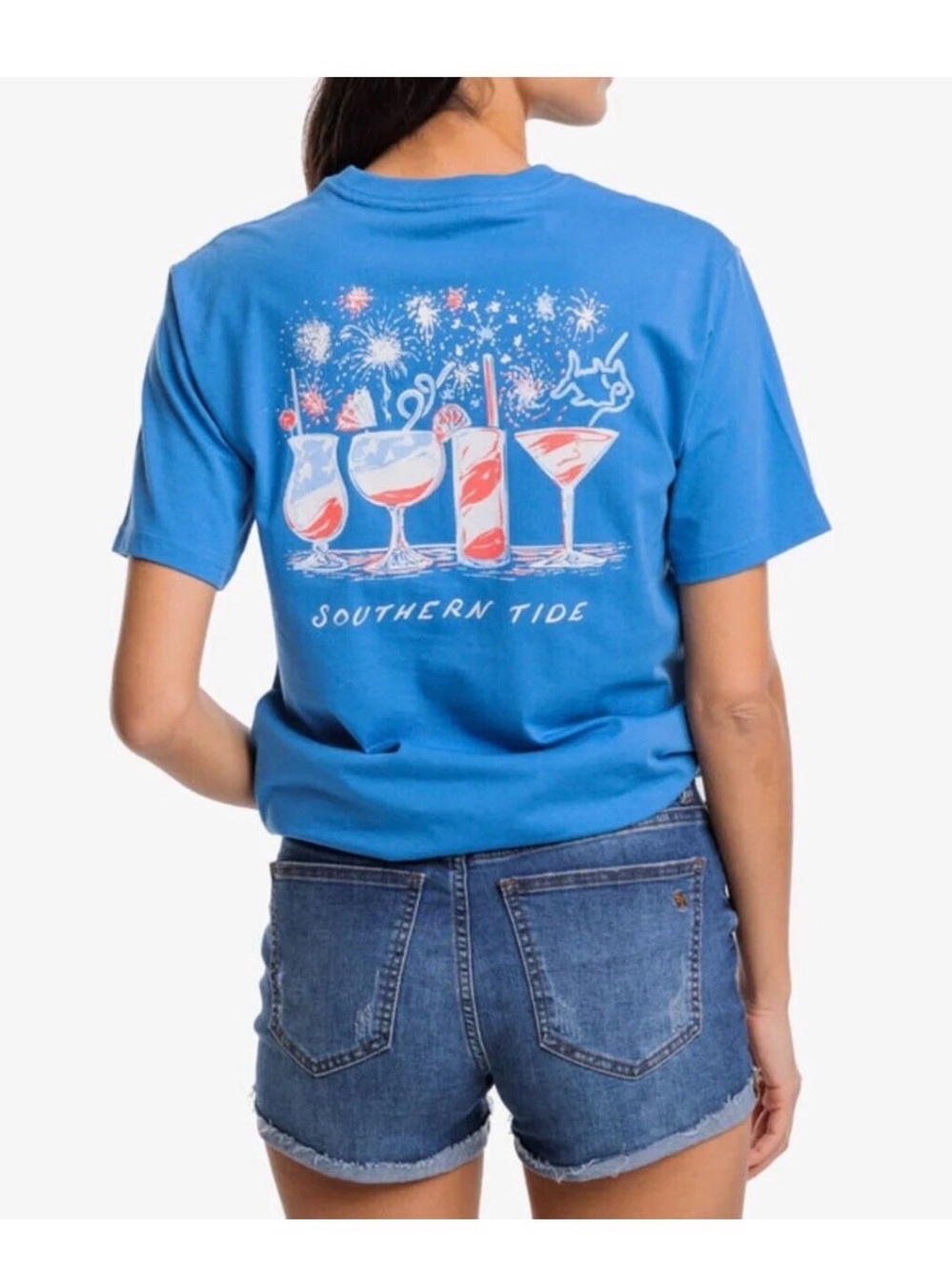 Southern Tide Women’s Blue Short Sleeve Tee with Patriotic Drink Graphic